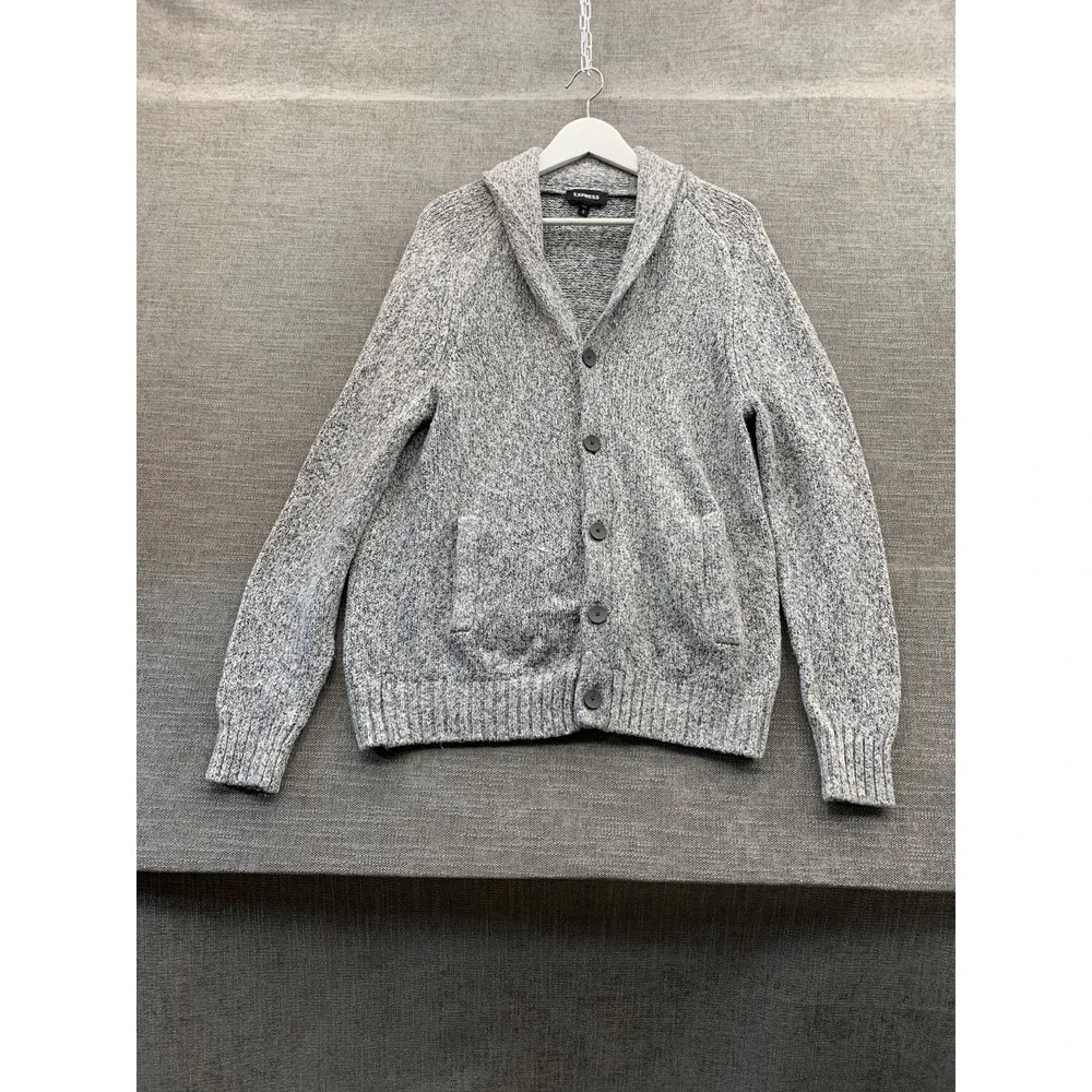 Express Cardigan Sweater Mens Medium Heather Gray Tight Knit Shawl Collar Winter